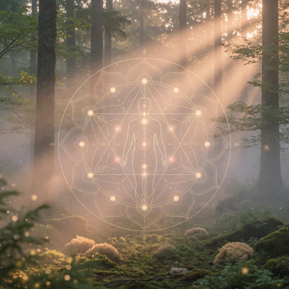 Symbolische weergave van een Human Design blueprint: een gouden mandala met chakras rond een menselijk silhouet in een mistig bos bij dageraad.